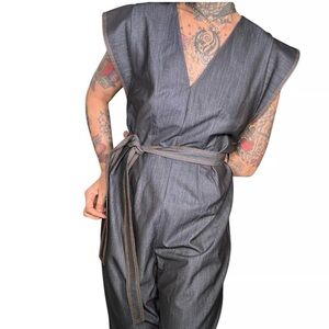 Calvin Klein size 10 Dark Blue Denim Jumpsuit/ Romper with gold accents